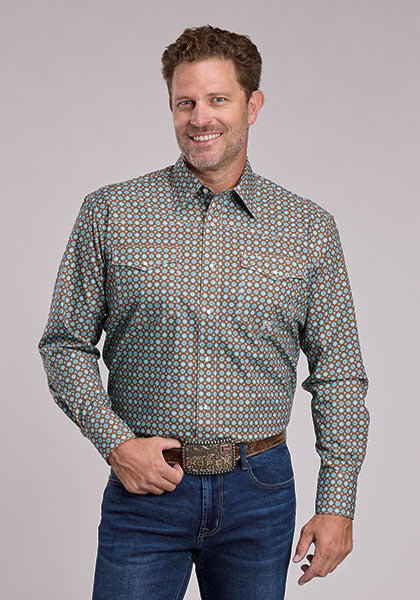 CL03-001-0225-4047 Roper Men's L/S 2 Pocket Snap-Canyon Foulard Print Turq/Brown
