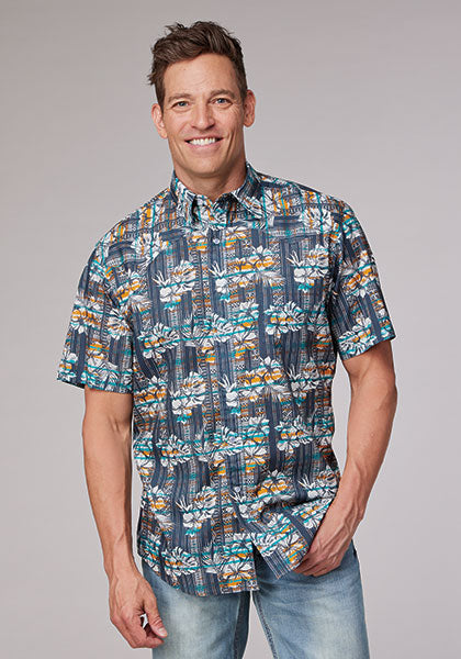 CL03-002-0064-0467 Mens S/S Roper Shirt Distressed Tropical Print
