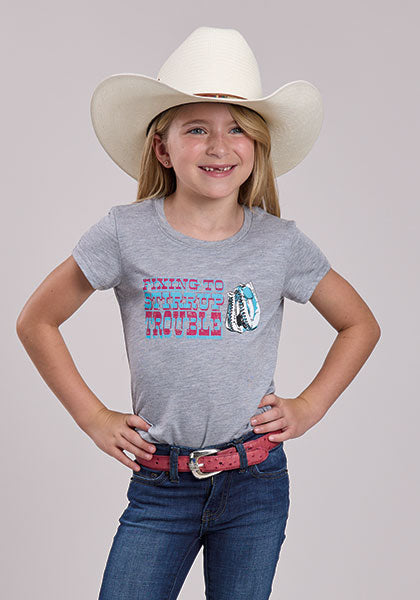 CL03-009-0513-5073-Girls Roper S/S Shirt "Fixing to Stirrup Trouble" Grey