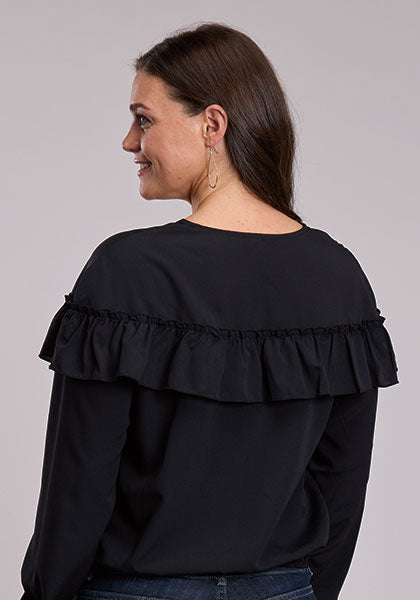 CL03-050-0592-4096- Ladies L/S Black Crepe Rounded V Neck Blouse