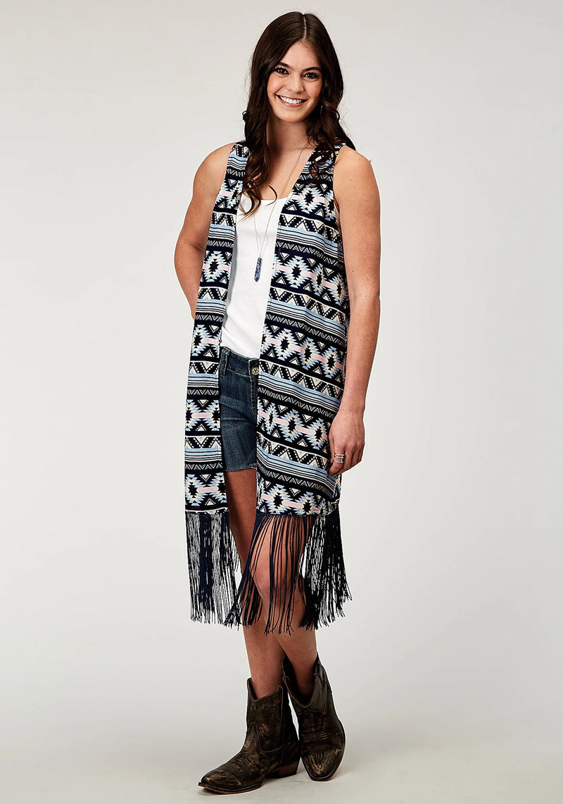 CL03-074-0590-2063-Navy Ladies Aztec Print Vest With Fringe