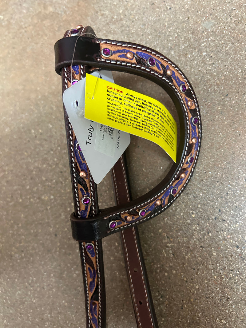 TKWB3587 Headstall 1 Ear w/ Feather Tooling w/ Purple Spots