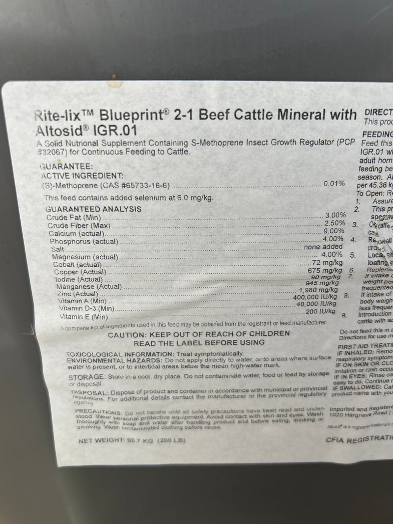 FSBLUEPRINT2-1 Rite-Lix BLUEPRINT 2:1 Mineral/Altosid IGR.01 PLASTIC 200lb TUB