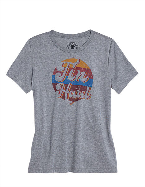 CL10-039-0501-0946 Ladies Tin Haul Tee Circle Stripes Screen Print - Gry