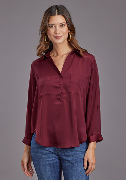 155475296-Wine Women's L/S Satin V-Neck Blouse