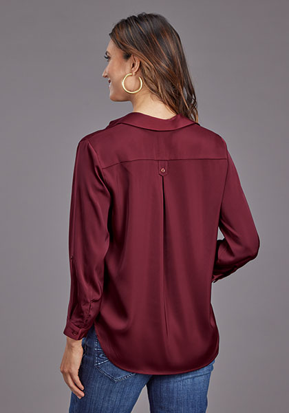 155475296-Wine Women's L/S Satin V-Neck Blouse