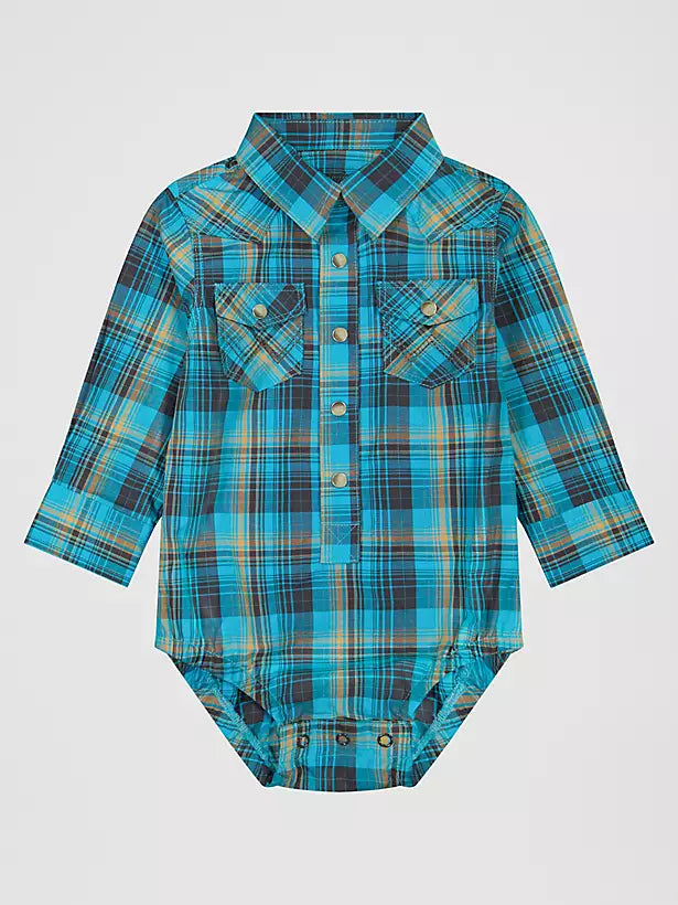 CL112381488- Wrangler Baby Onsie- Teal/Brown Plaid