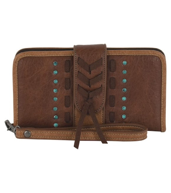 BG24021775W Slim Wallet Tan w/ Chevron Stitching and Teal Stones