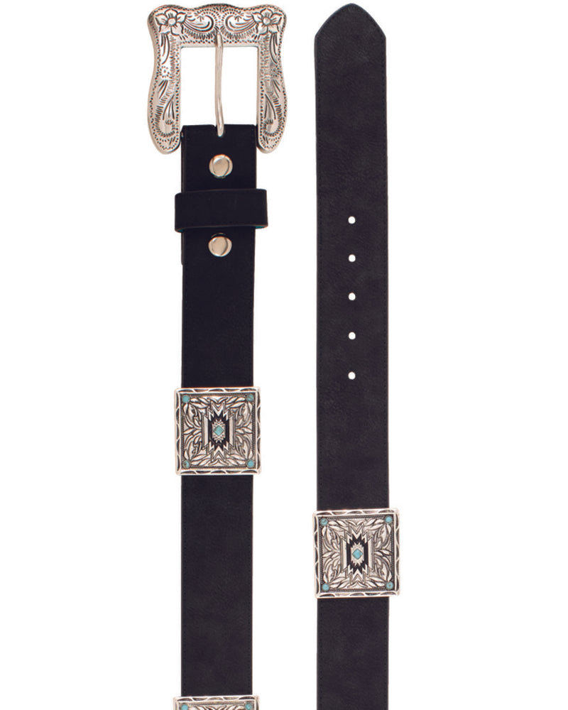 CL2510360246 Ladies Belt Black With Turquiose Square Conchos
