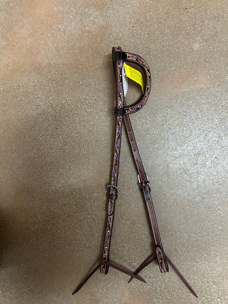 TKWB3587 Headstall 1 Ear w/ Feather Tooling w/ Purple Spots
