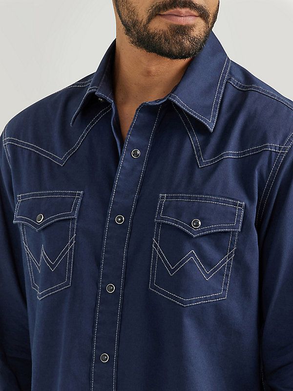 CL112352852-S-Navy Wrangler Mens Shirt L/S Retro Snap