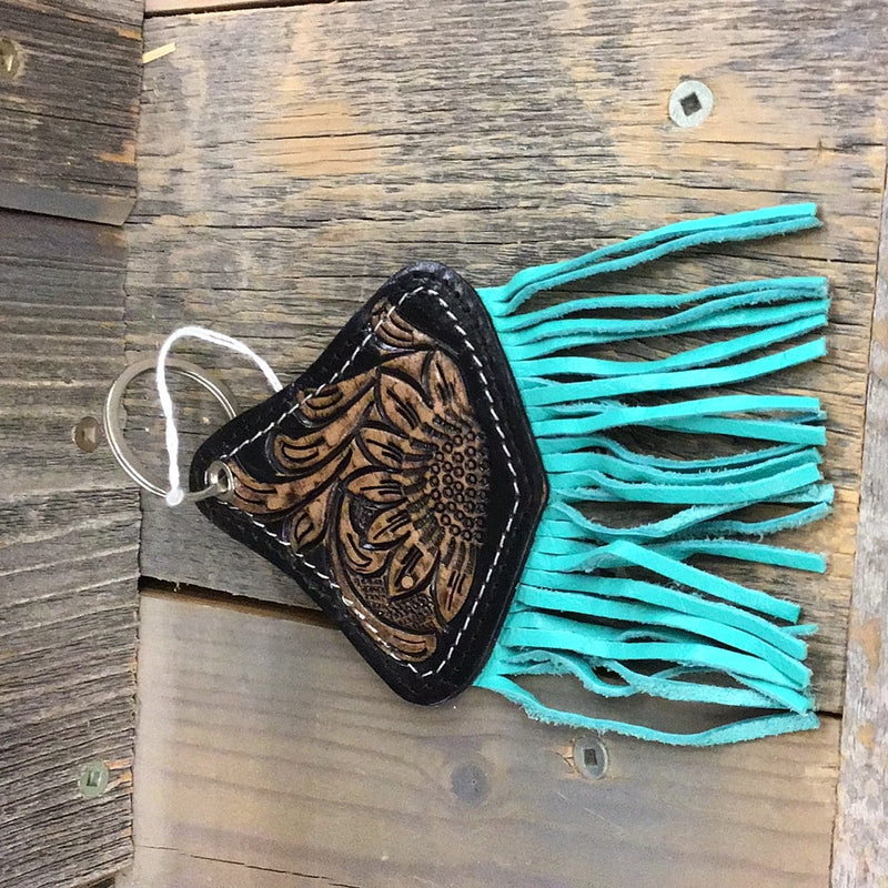 BGKEY-FRINGE Leather Tooled Fringe Turquoise Key Chain - Cowtag