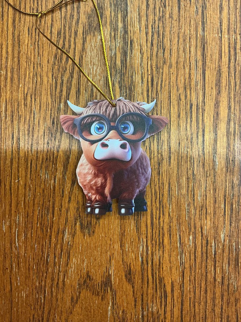 BGCOWORN--1 Ornament -Brown Cow With Glasses