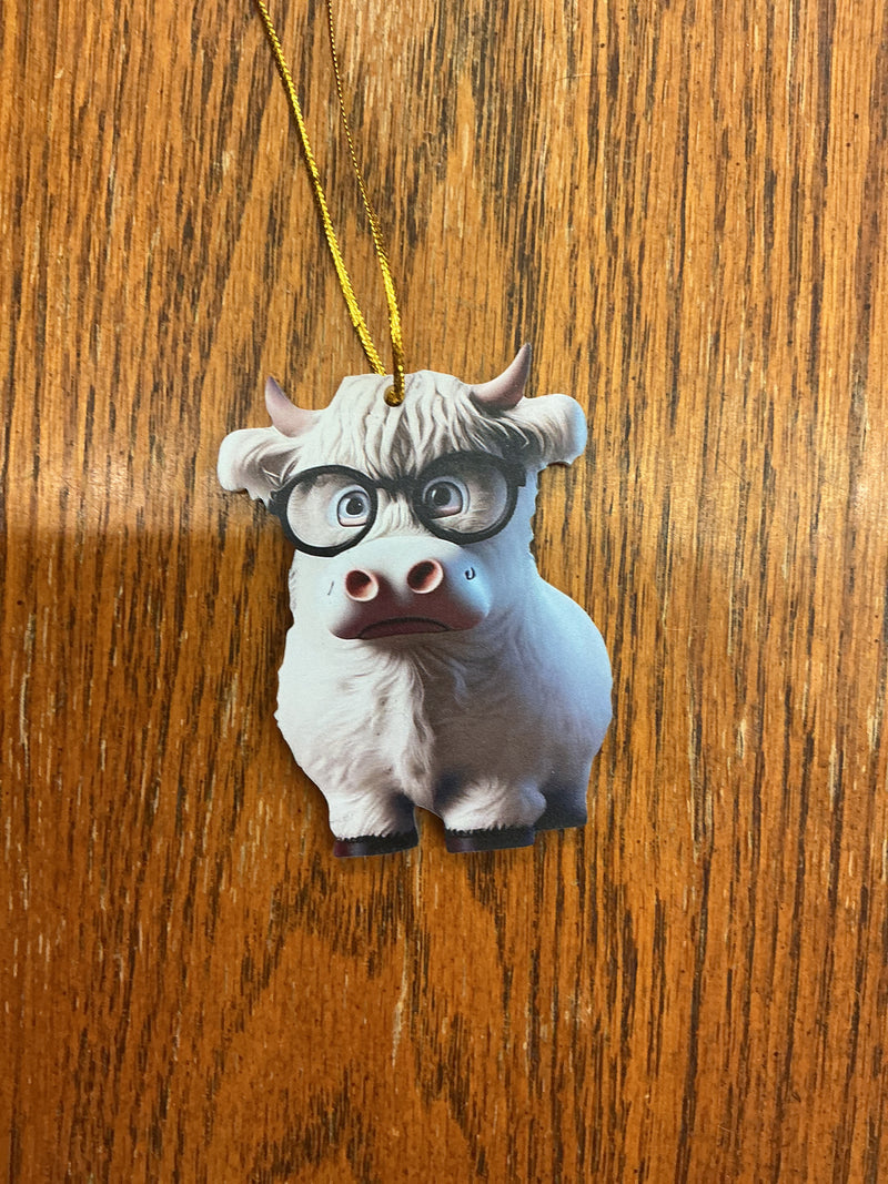 BGCOWORN--2 Ornament -White Cow with Glasses