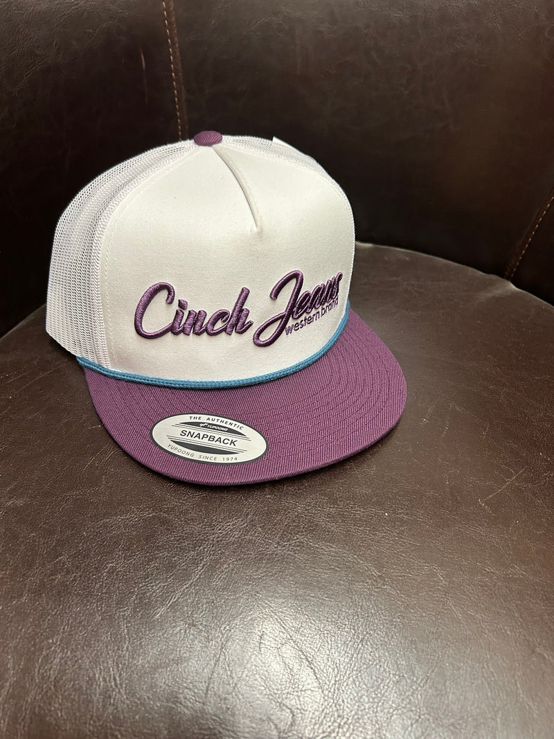 CLMCC0600616 Ball Cap Cinch Flat Brim w/rope and Logo- Purple/White