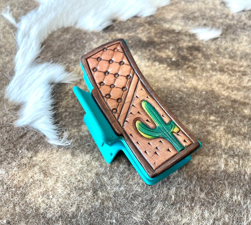 BGHAIRCLIP--Cactus Tooled Leather Hair Clips Claw