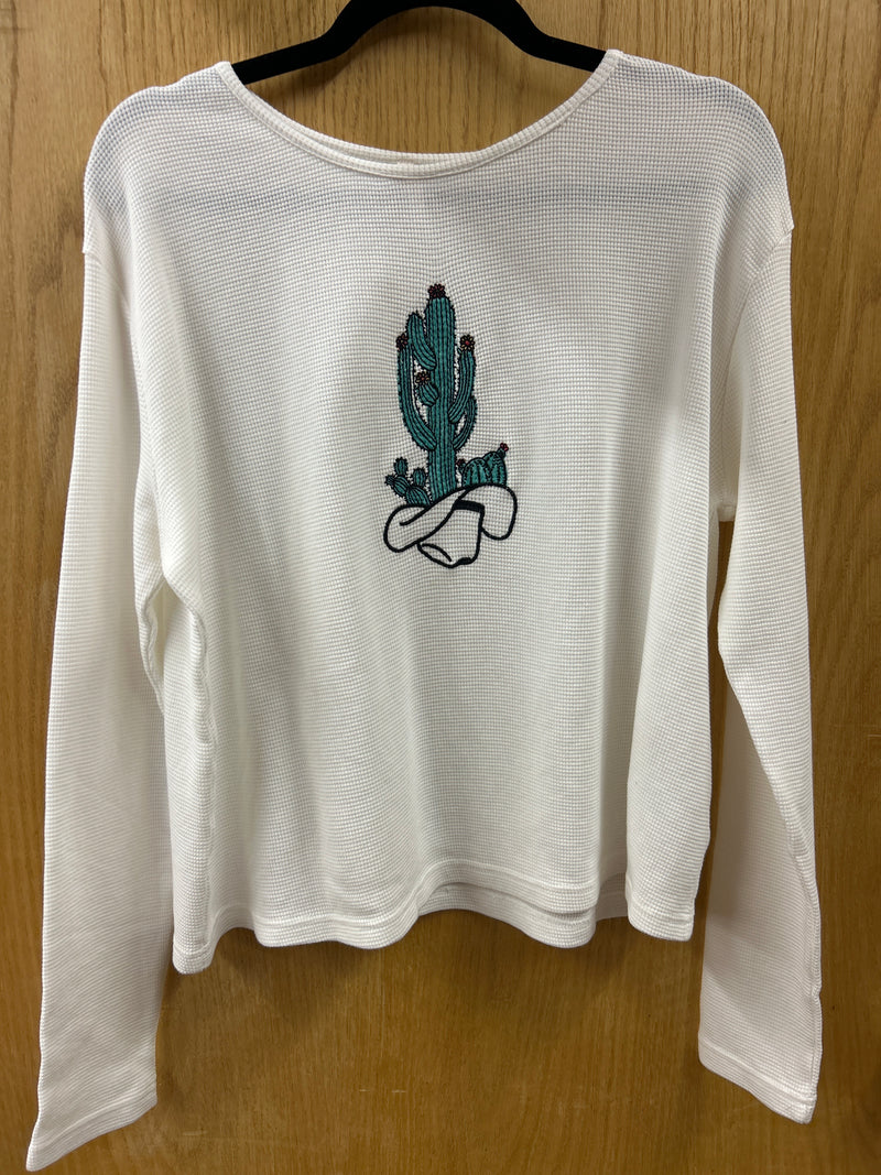 CL03-038-0513-6104-M-White Ladies L/S Waffle Tee - Cactus Print