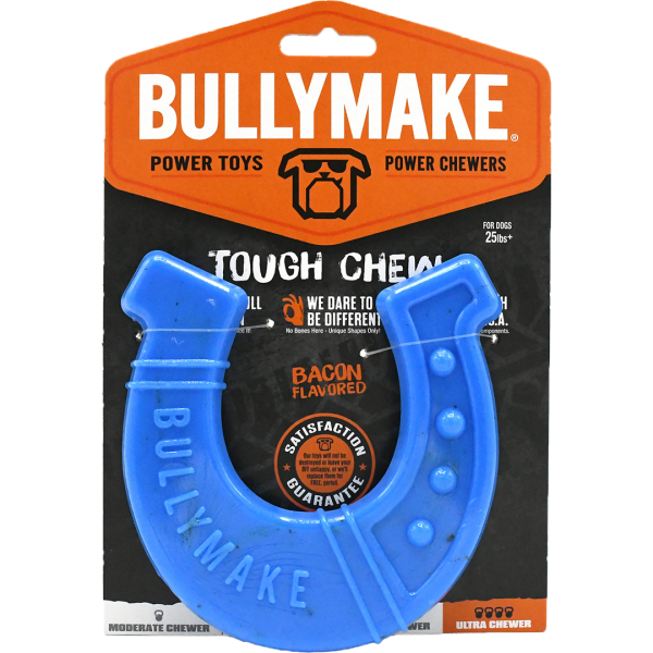 PS691-00164 Bullymake Dog Toy Tough Chew Horseshoe Blue/Bacon