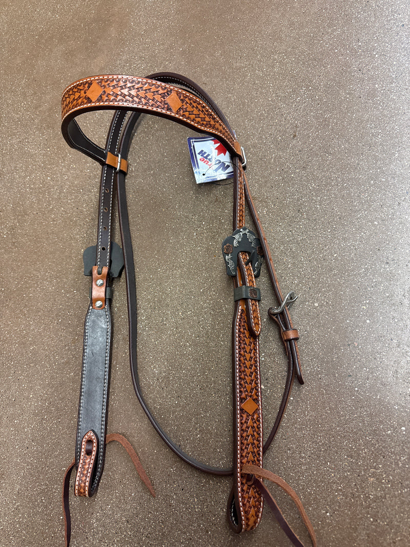 TKWB2434 Headstall Browband Basket Weave w/ Guns & Roses Buckle