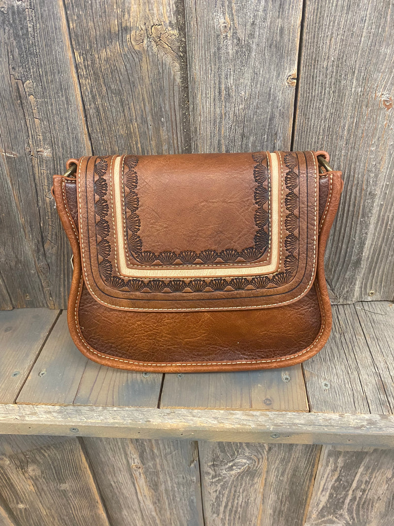 BG2510210691 Saddle Bag Purse Brown & Tan w/ Sunburst Stamped
