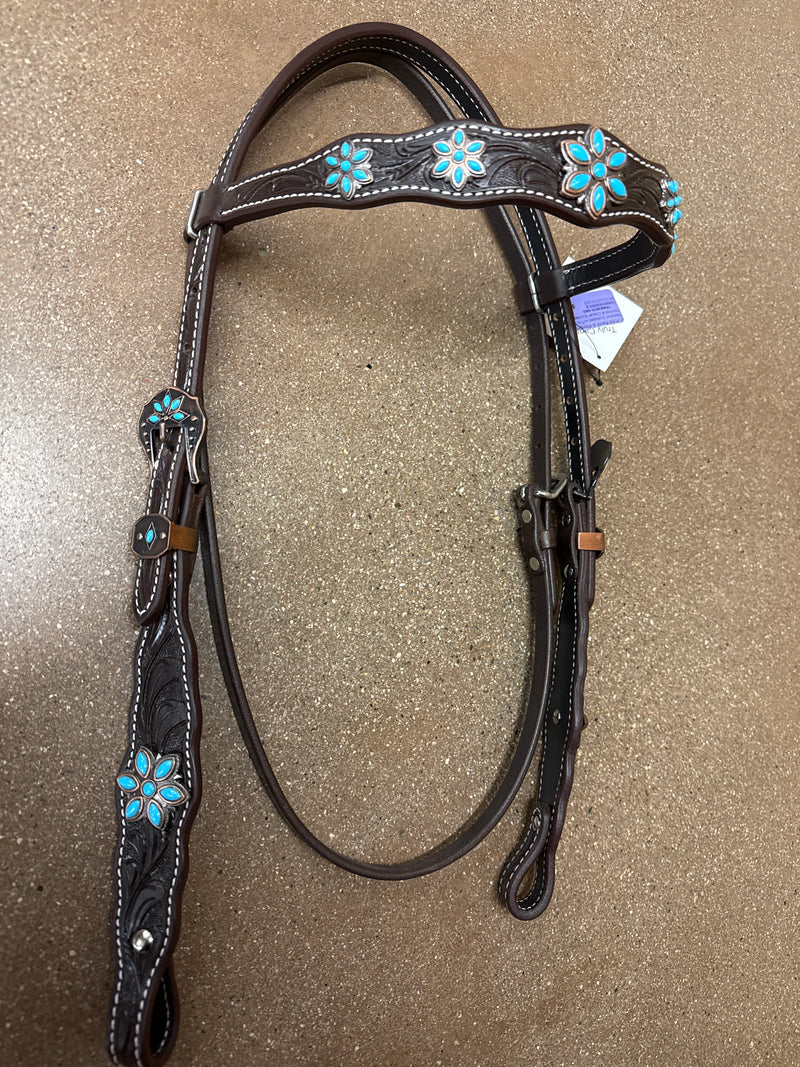 TKWB2870-DKO Headstall Scalloped w/Trq Floral Conchos & Copper Buckles