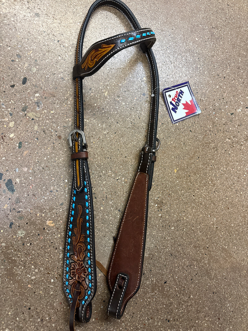 TKDZ3258 Headstall One Ear w/ carved Feathers & Turq Buckstitch