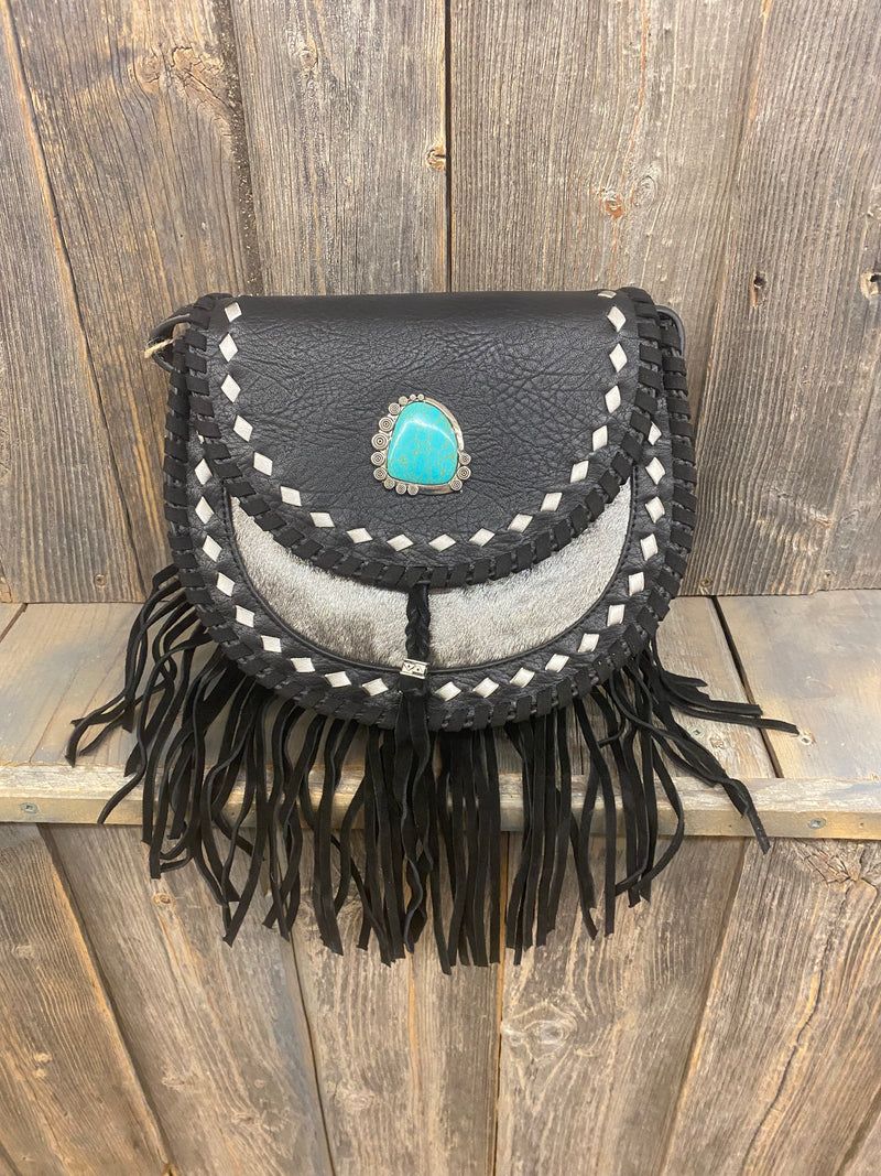 BG2421350142 Black Saddle Bag Purse Hair on w/ Silver Buckstitch