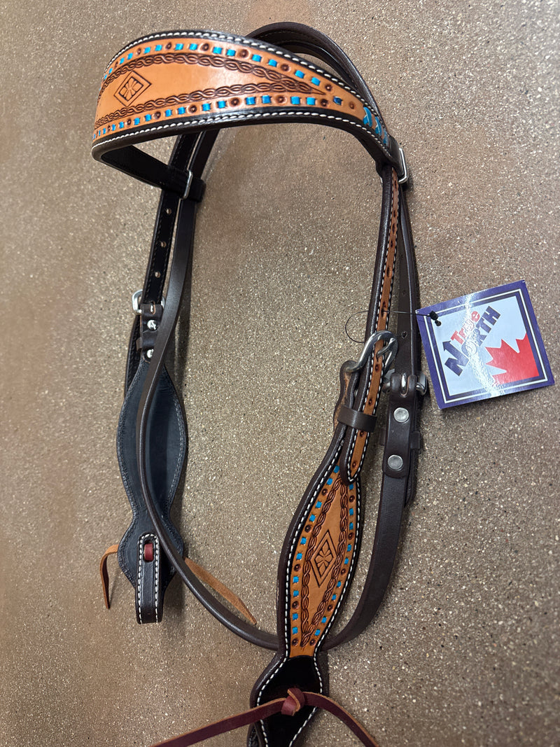 TKDZ2903 Headstall Swell Browband w/Carving Turquoise Buckstitch