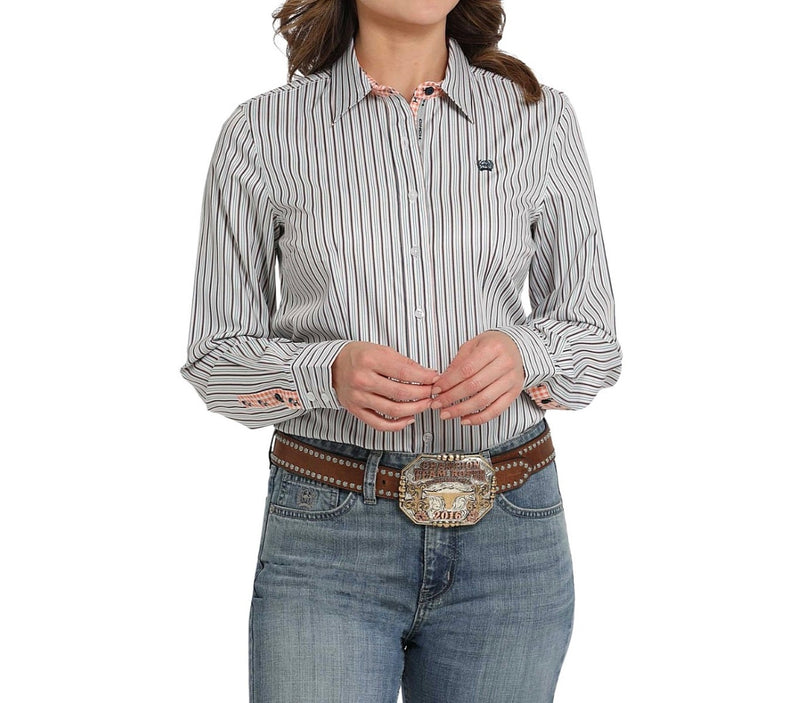 CLMSW91650845 Cinch Ladies L/S Button up Stripes- White/Blue/Pink