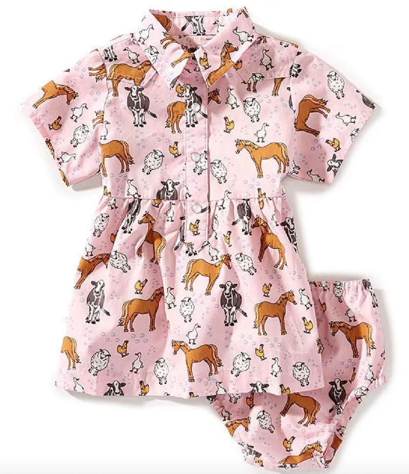 CL112374987 Baby Girls West Denim Dress- Farm Animals