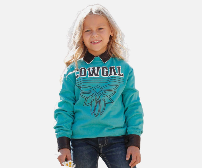 CLCWK8002003-Turq Girls L/S Crewneck "Cowgal"