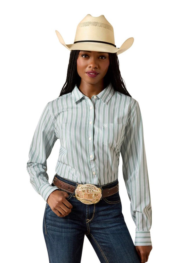 CL10071467 Ariat Ladies L/S Button Up Kirby- Green/White Stripes