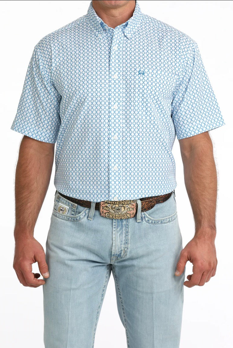 CLMTW1704170 Cinch Mens S/S Button Arena Flex-White/Blue Aztec Print