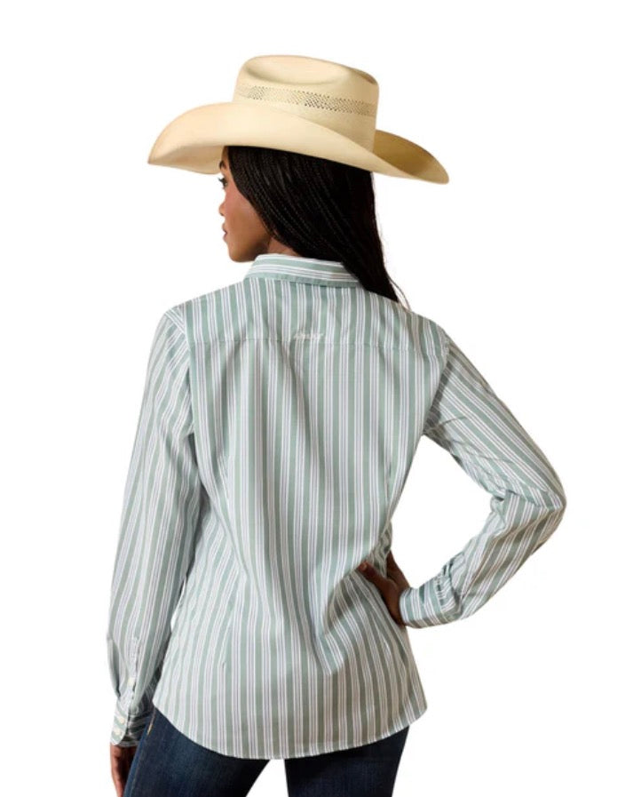 CL10071467 Ariat Ladies L/S Button Up Kirby- Green/White Stripes