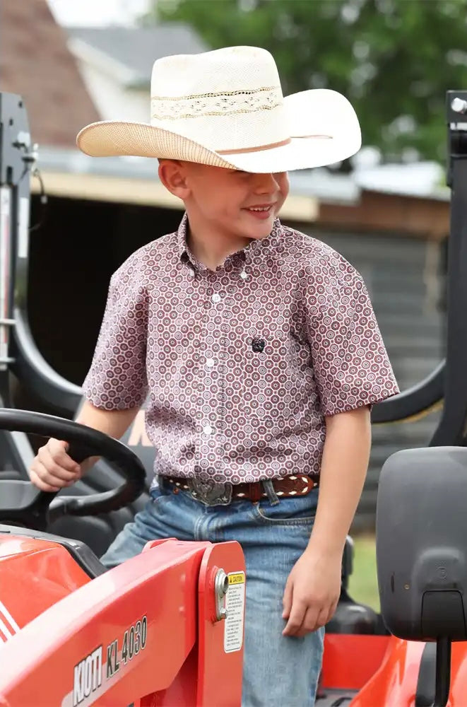 CLMTW7140040 Cinch Boys S/S Button- Red/White Print