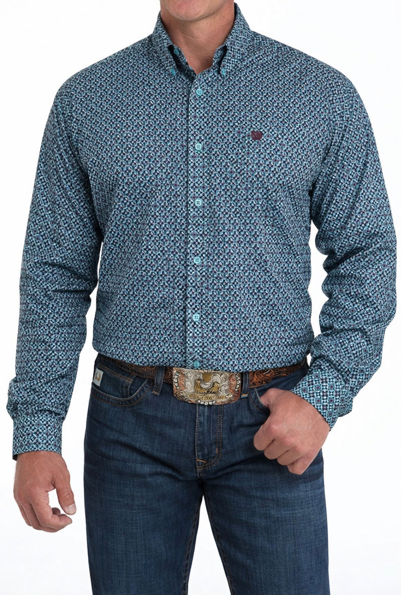 CLMTW1105971 Cinch Men's L/S Button Up- Geo Print Pattern Tur/Pur