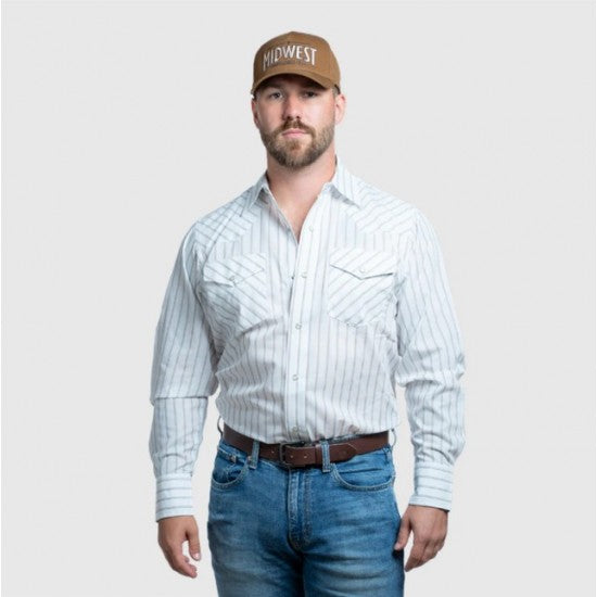 CLI30D01-LT-02 White MWG Mens L/S Snap Shirt -  Stripe