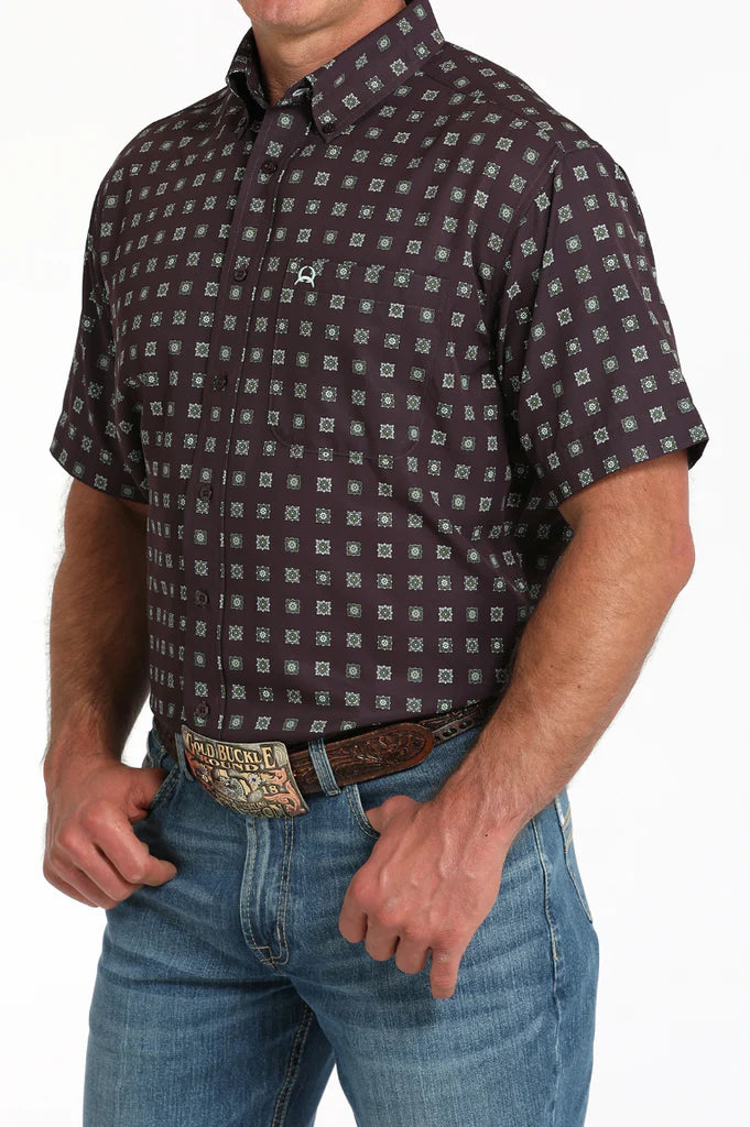 CLMTW1704158 Mens Cinch S/S Arenaflex-Green Square Flower Print