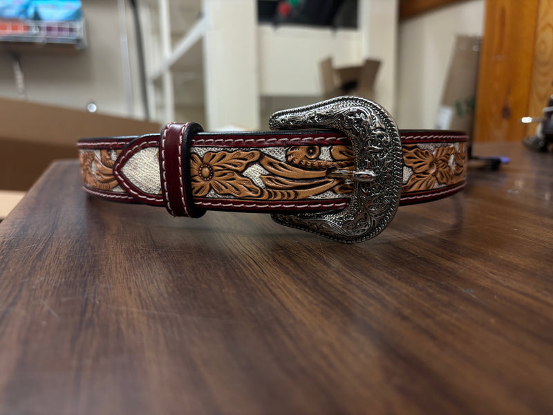 CLA1308308-20 Belt Girls Floral Hand Tooled Painted Wht/Brwn