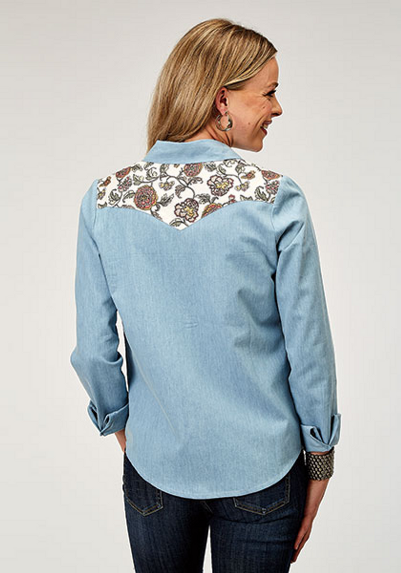 CL92587344-S-LT Blue Ladies L/S Snap Denim w/Flowers