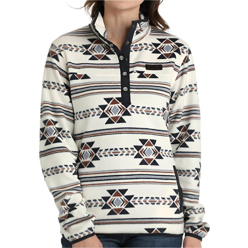 CLMAK9820019-S-Cream Womens Aztec Print Fleece Pullover