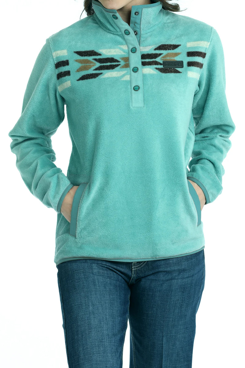 CLMAK9909002-Turquois Womens Cinch Fleece Pullover - Aztec Print