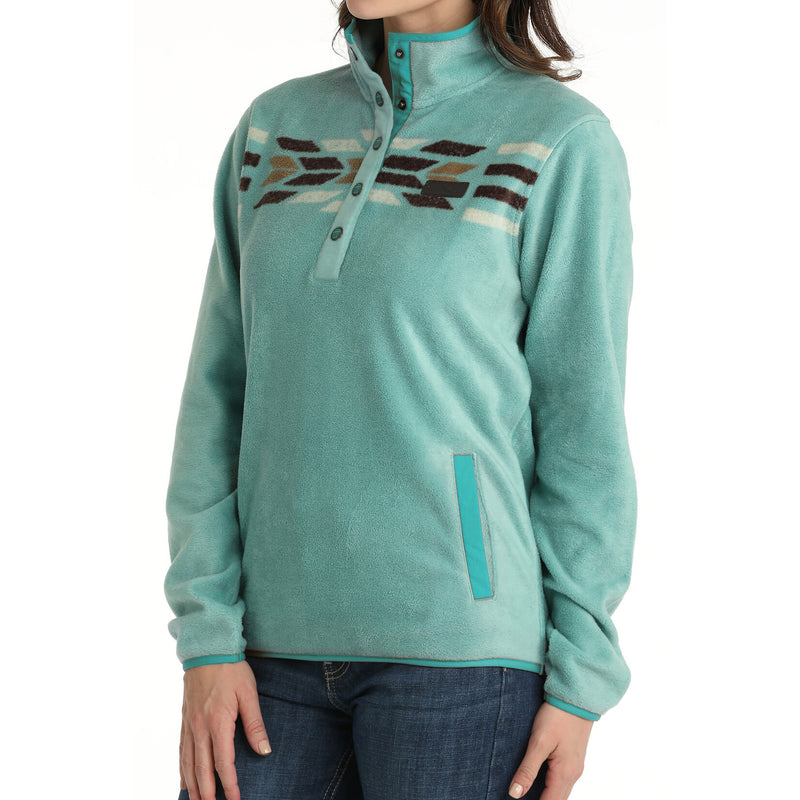 CLMAK9909002-Turquois Womens Cinch Fleece Pullover - Aztec Print