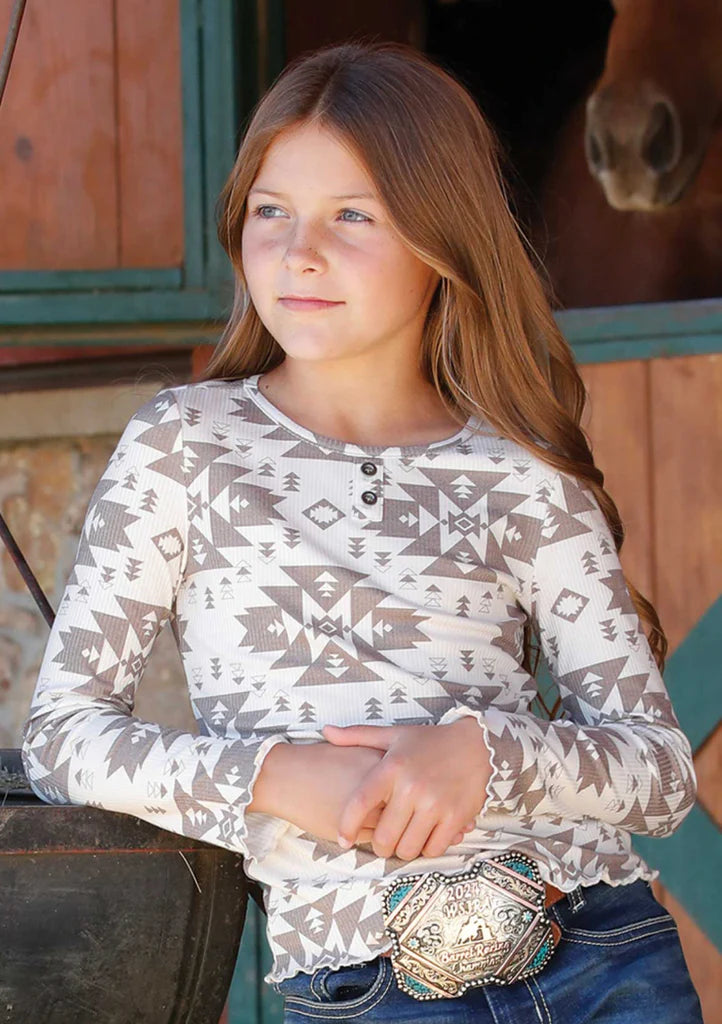 CLTK8890002-M-Crem/Brn Cruel Girls- Girls L/S Aztec 2 Button Shirt