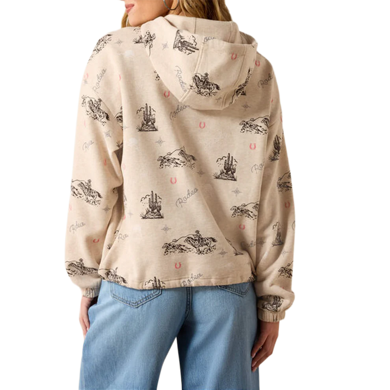 CL10071164 Ariat Ladies Hoodie- Rodeo Print- Oatmeal