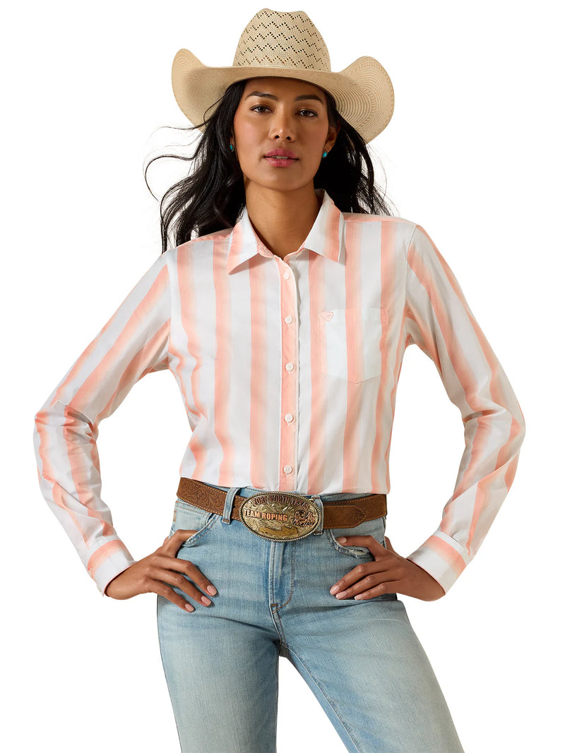 CL10071414 Ariat Ladies L/S Button Up Kirby- Peach Stripes