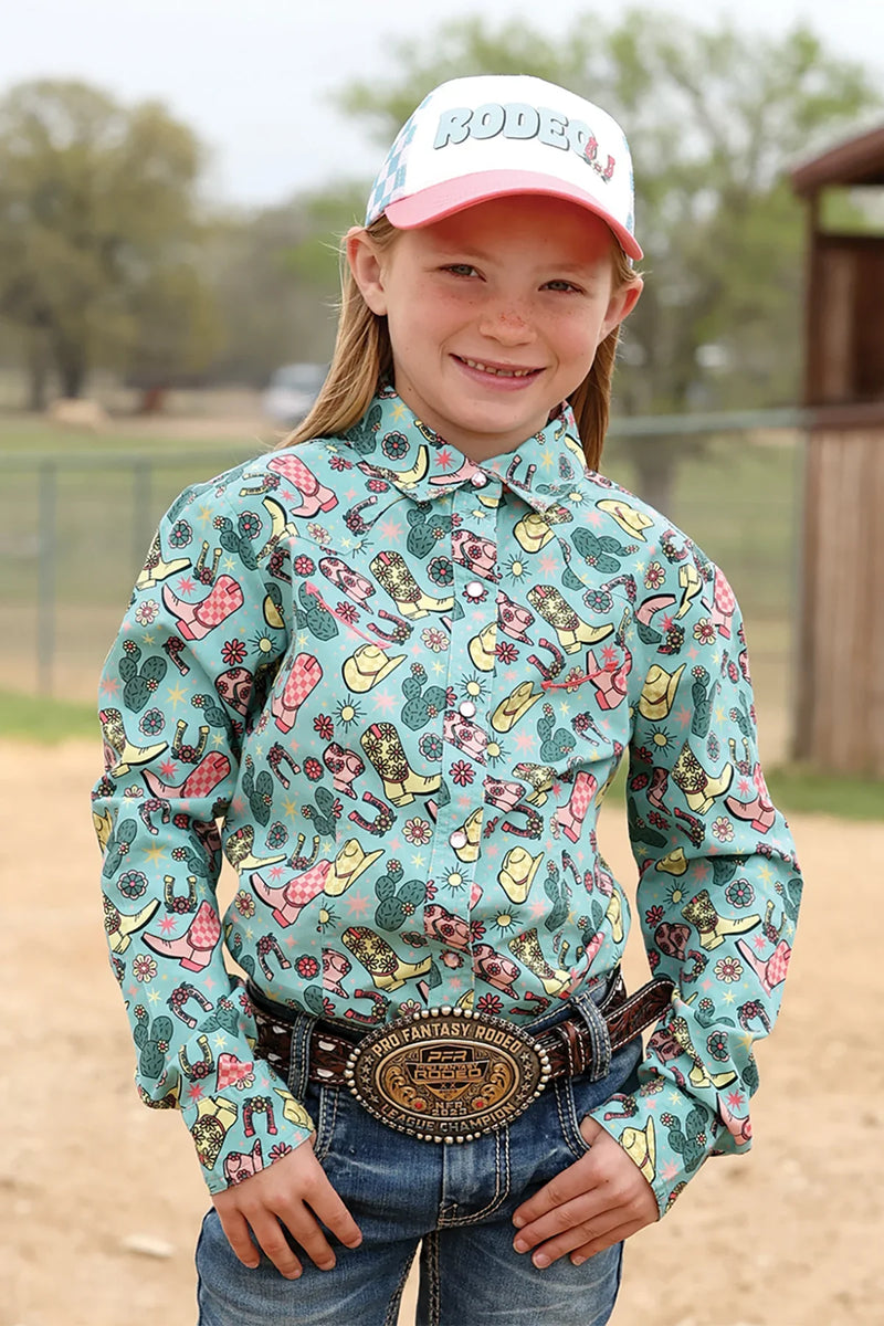 CLCTW3370032 LTB  Girls Cowgirl Shirt L/S "Cowboy Boots/Hats/Cactus"
