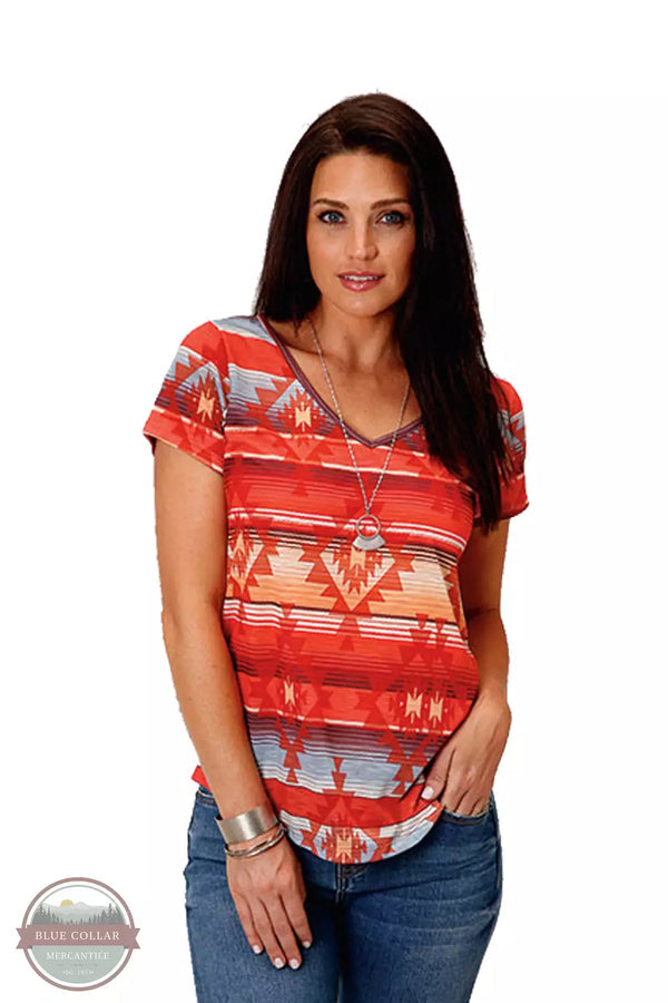 CL03-039-0513-0573-XS-Multi Ladies S/S Shirt "Aztec V Neck"