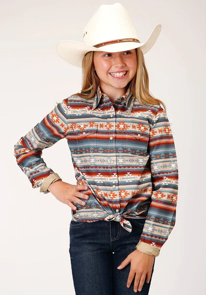 CL03-080-0067-0468-XS-Grey Girls L/S Shirt Sandstone Aztec Print