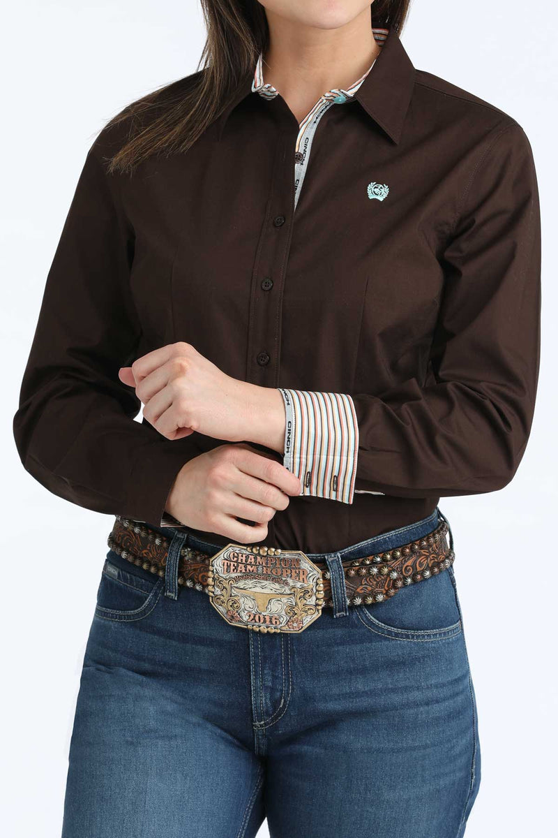 CLMSW9165086 Ladies L/S Solid Stretch Shirt "Chocolate Brown"